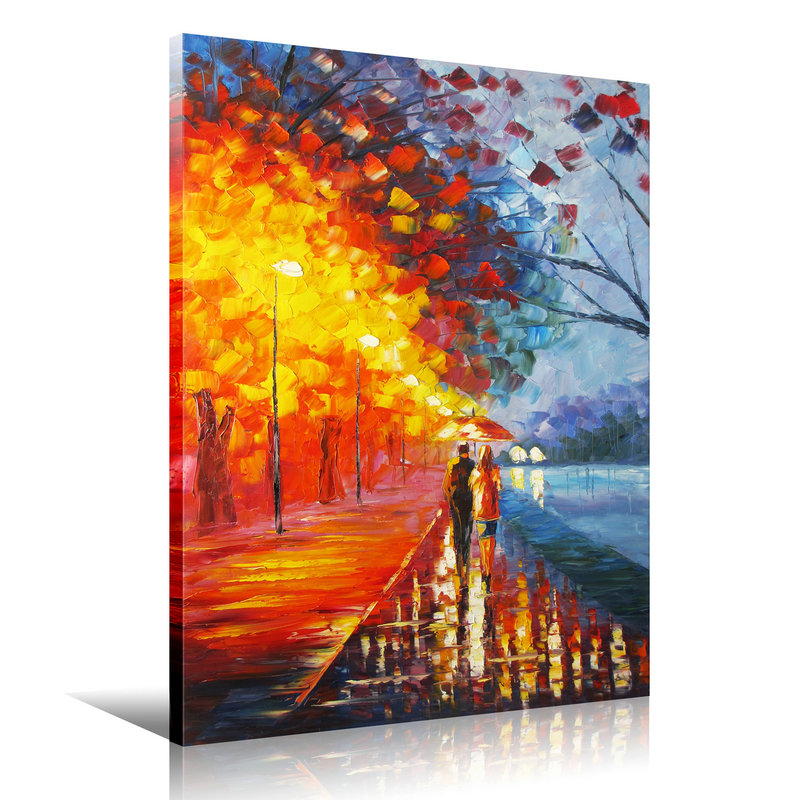 Romantic Painting "lovers walk on the side of the lake" Palette Knife painting - Click Image to Close